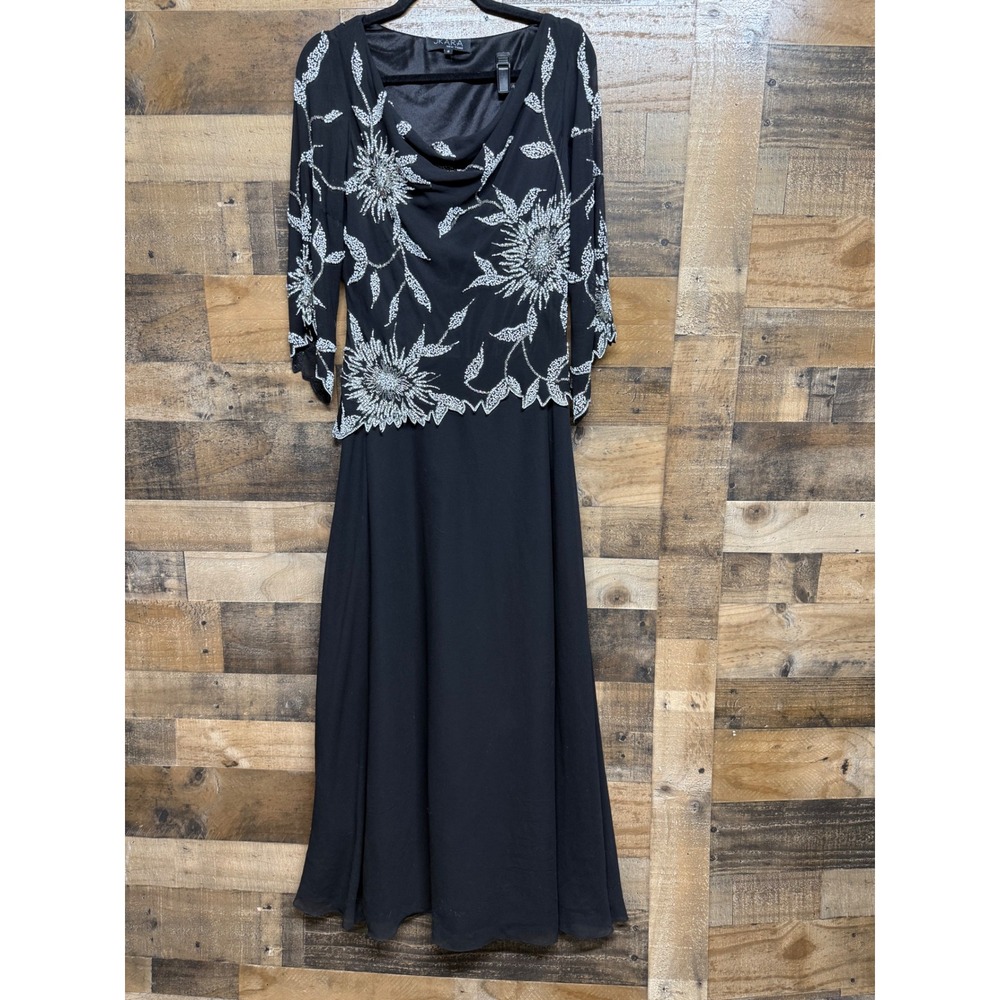JKara‎ New York Black Beaded Floral Cowl Neck Evening Gown Dress Size 6 Formal